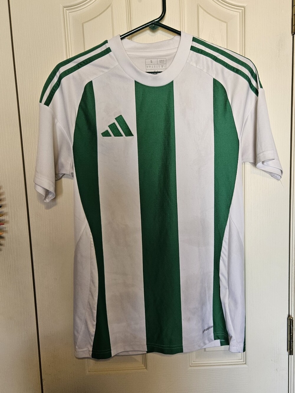 Adidas White and Green Vertical Stripe Soccer Shirt